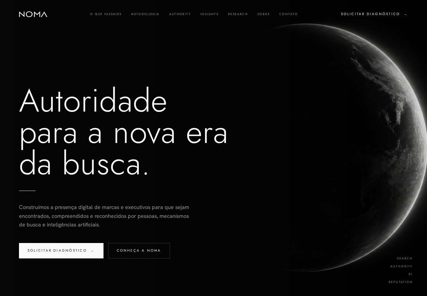 Abertura completa do site NOMA, com título, apresentação e botões de contato